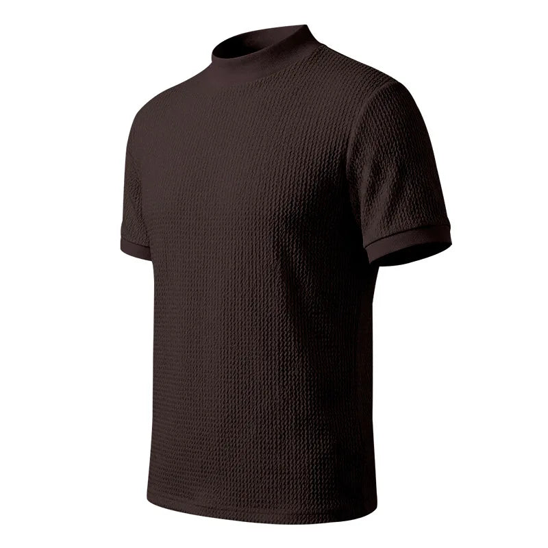 Men Summer Solid Jacquard Textured Mock Neck Short Sleeve T Shirt Slim Fit Simple Versatile Casual Daily Male Basic Tees