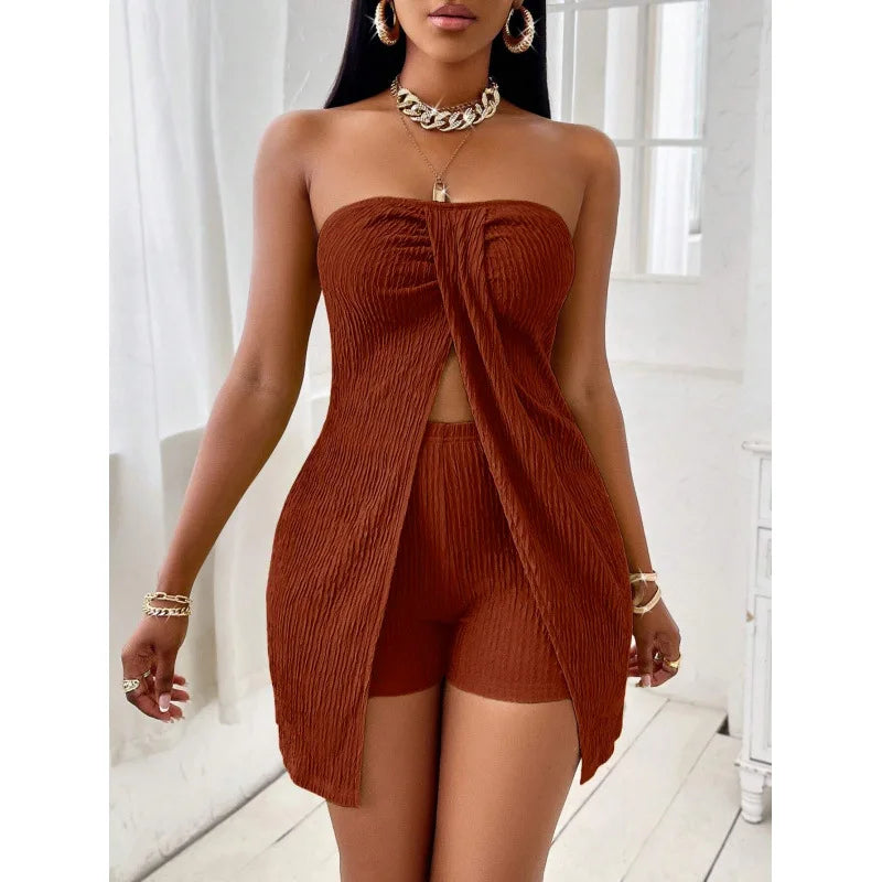 Wrapped Chest Top Shorts Two-piece Set Summer Women's New Solid Color Sleeveless Casual Long Slit Top Shorts Set Костюм Женский
