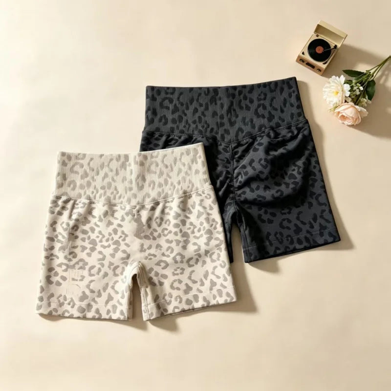 Sexy Leopard Print Seamless Yoga Shorts High Waist Peach Butt Lift Tummy Control 4-Way Stretch Breathable Workout Cycling Pants