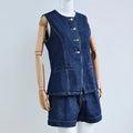 2026 Denim Shorts Suit Women Streetwear Outfits Distressed Top Sleeveless Round Collar Single Breasted Short Pants 2 Piece Sets