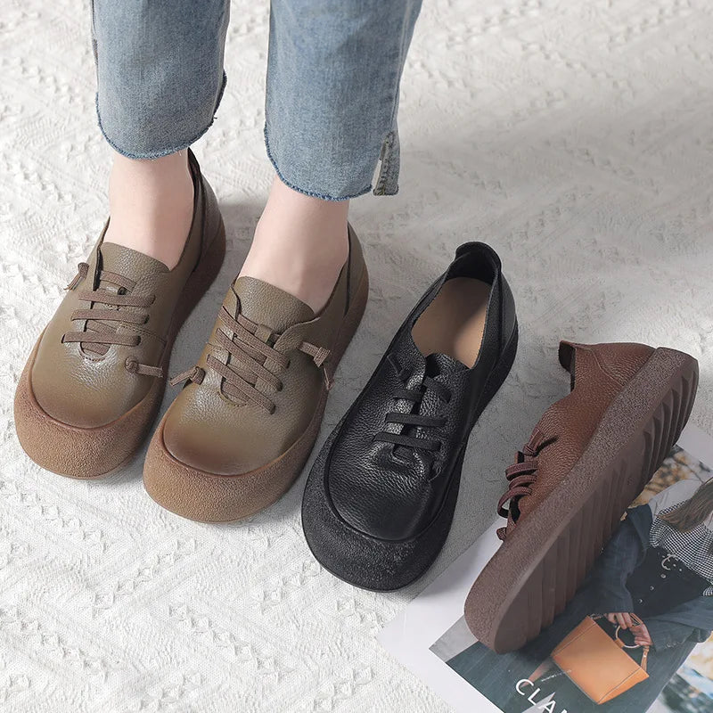 2025 Spring Autumn New Leather Women's Shoes Soft soled Comfortable Versatile Thick soled Casual Shoes Retro Leather Shoes