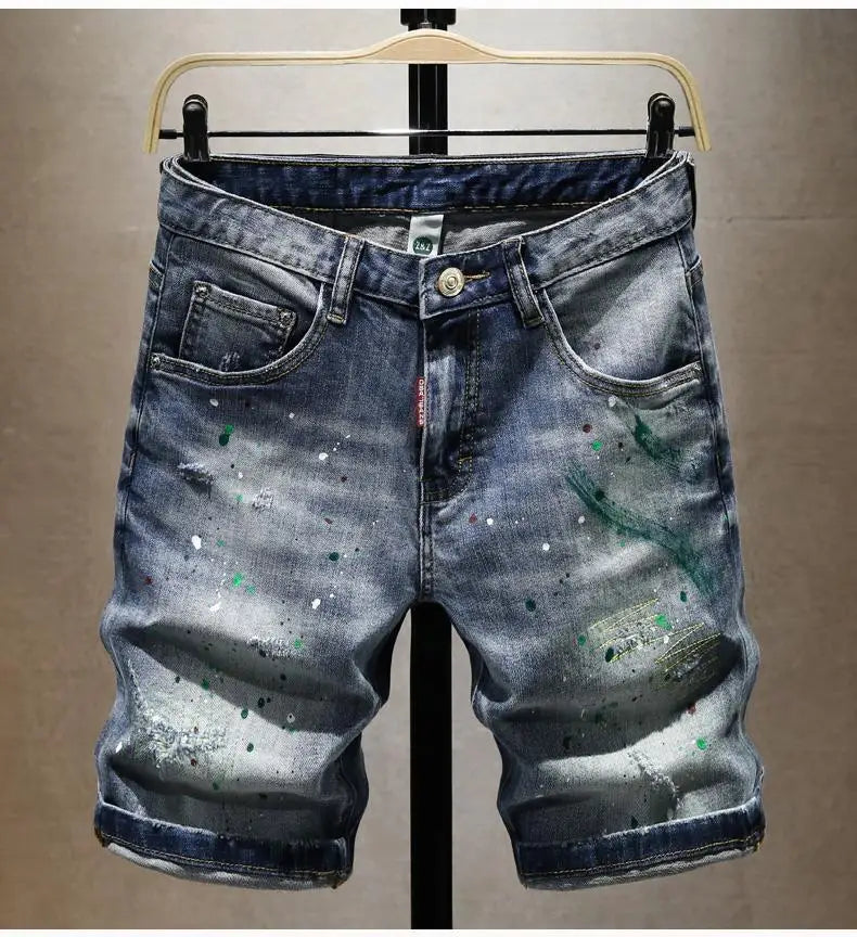 Washed Ripped Denim Men's Trendy Brand Spray Paint Medium Summer Thin Elastic Patch Bermuda Short Pants Men's Jeans Shorts