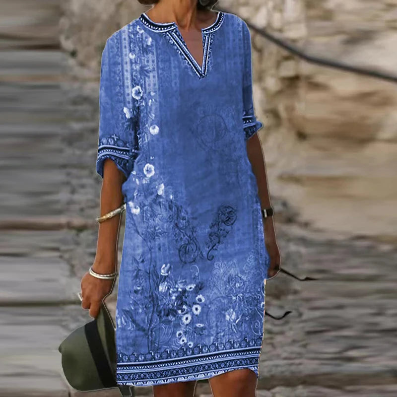 Fashion Retro Printing Women Dress Sexy V-Neck Short Sleeve Loose Beach Homewear Dress Summer Casual Comfy Female Model Dress