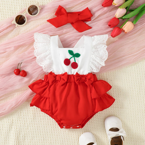 0-18M Baby Girl Bodysuit Set Summer 2PCS Cherry Outfit Lace Ruffle Sling Romper+Red Bow Headband Newborn Infant Clothing Outfits