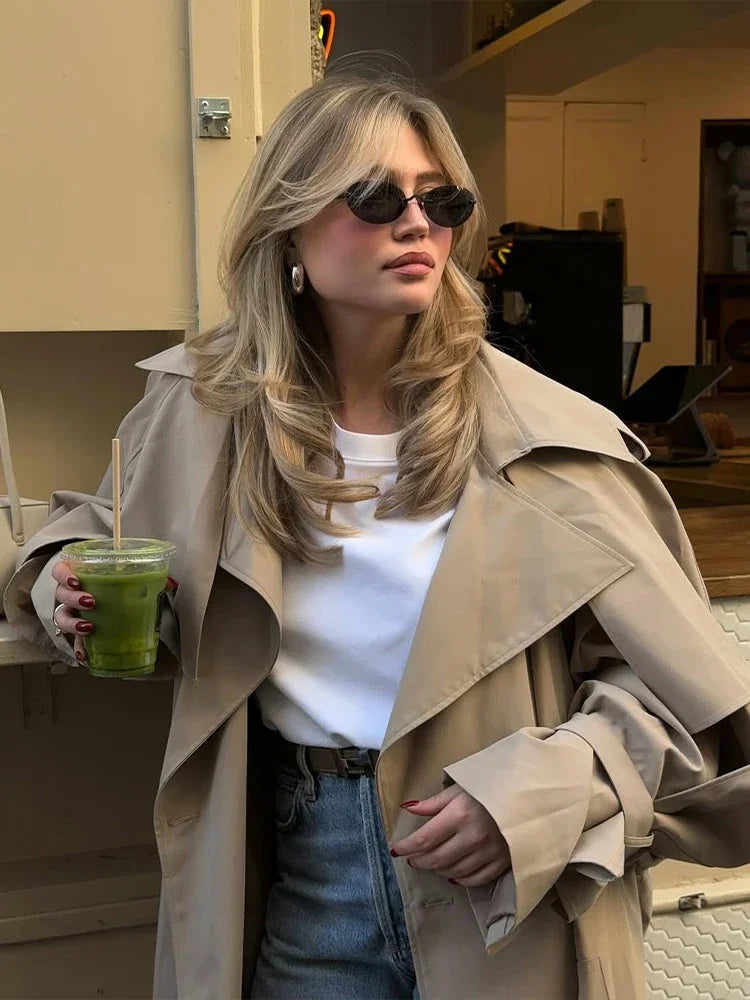 Khaki Lace Up Cape Trench Coat Loose Solid Full Sleeve Lapel Windbreaker 2026 Autumn New Fashion Commute Casual Daily Coats