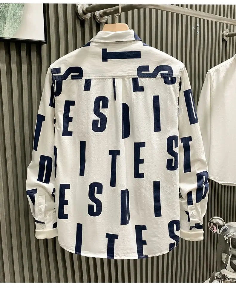 Men Clothing Spring Autumn Trendy Vintage Letter Print Lapel Shirt Simple Casual Long Sleeve Pocket Loose Tops Camisa Masculina