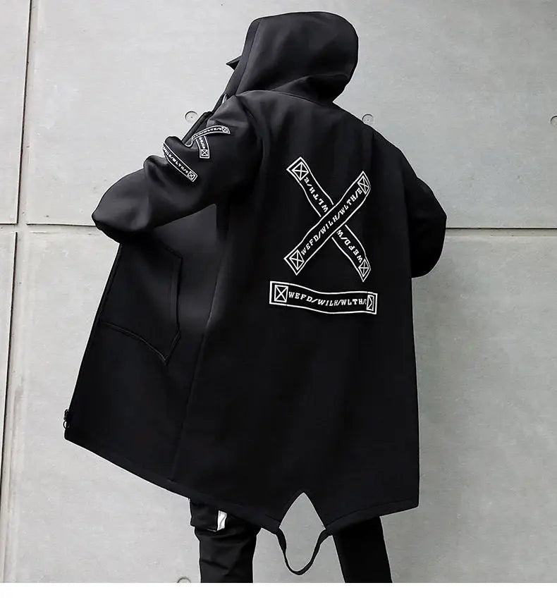 2025 Mens Hooded Trench Coat Mid Long Windproof Jacket Outerwear Autumn Winter New Fashion Windbreaker Coat Parka Male