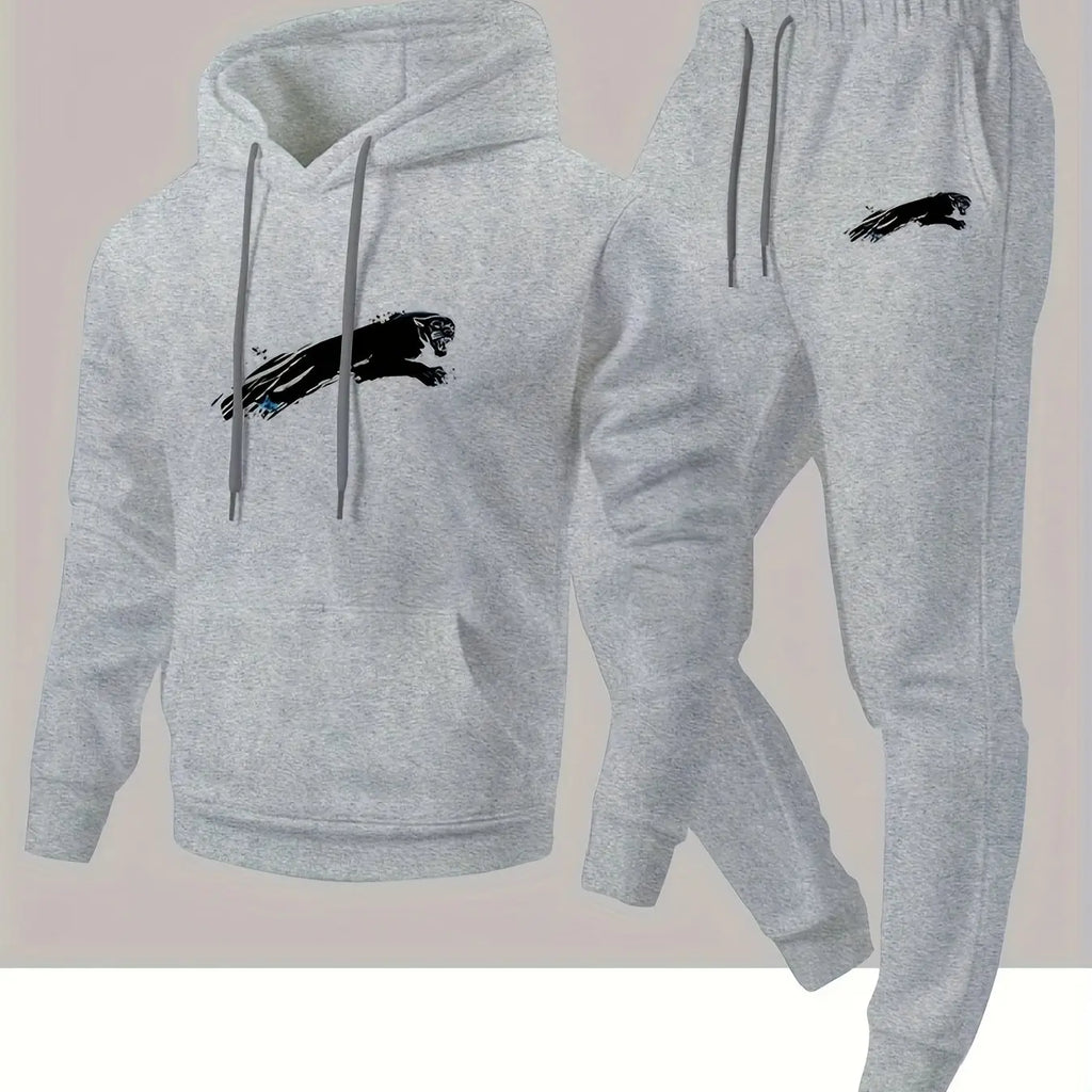 Men's street‑style black panther print hooded sweatshirt and jogging pants set - a comfortable and casual sports outfit