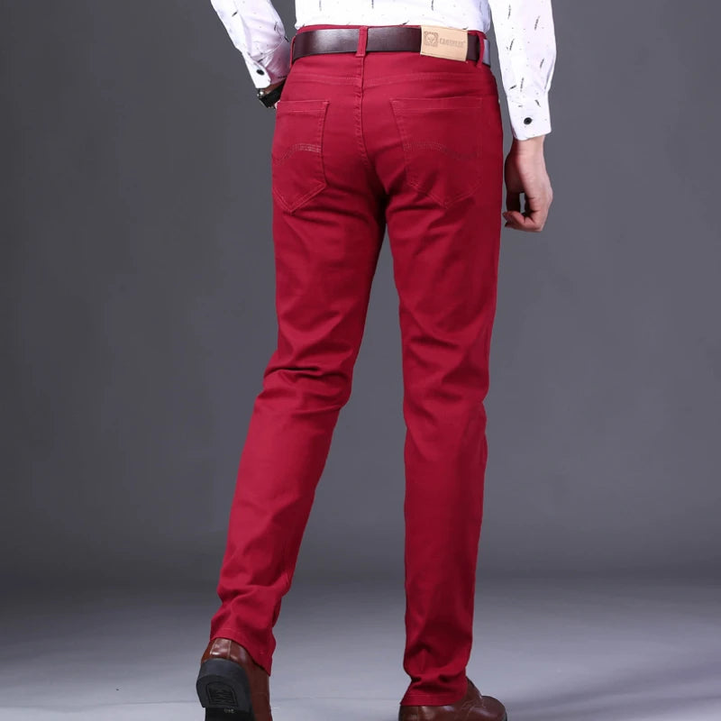2026 New  Spring Autumn Wine Red Jeans Men Fashion Casual Classic Style Business Straight Fit Soft Trousers Male Advanced Pants