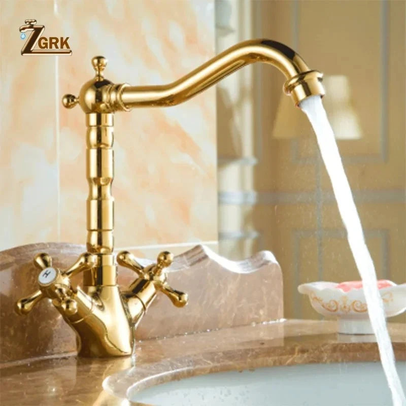 ZGRK Dual Handles Basin Faucet Brass Bronze Finished Mixer Taps 360 Rotation Antique Bath Sink Faucet Deck Mounted Water Taps