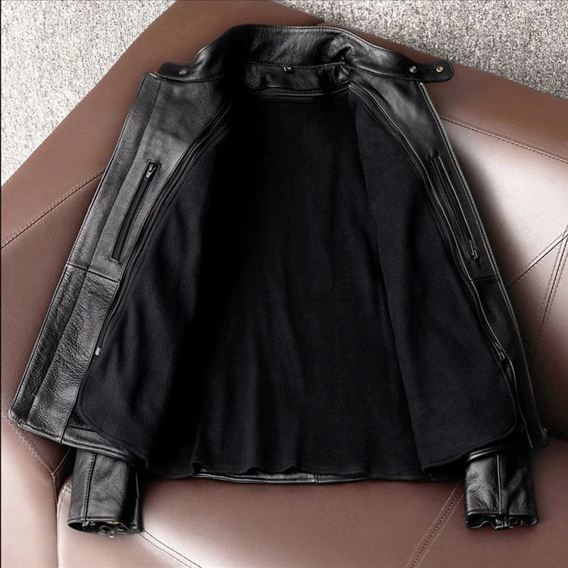 Genuine Leather Jacket Men 100% Cowhide Jacket Man Stand Collar Motorcycle Clothes Spring Autumn Winter 2024 New Leather Coat