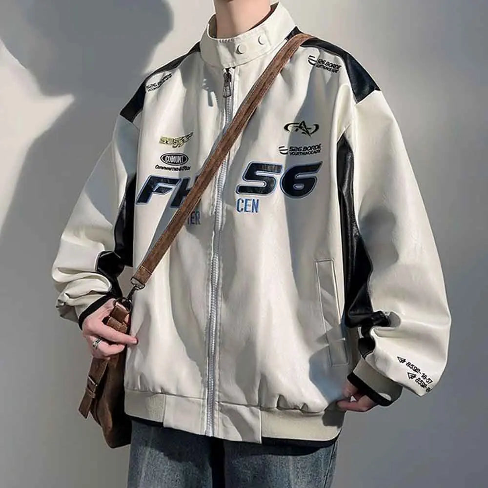 Men’s PU Leather Racing Jacket Oversized, Zip-Up Varsity Bomber Coat, Streetwear Motorcycle Style