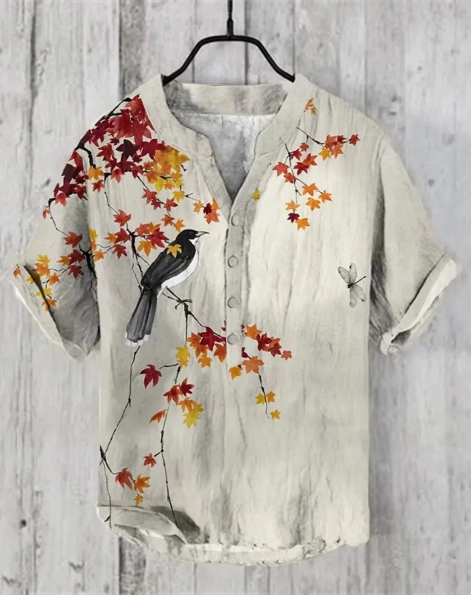 Hot sale Henry shirt 2025 summer men's casual short-sleeved T-shirt floral print top linen blend comfortable fabric XS-6XL size