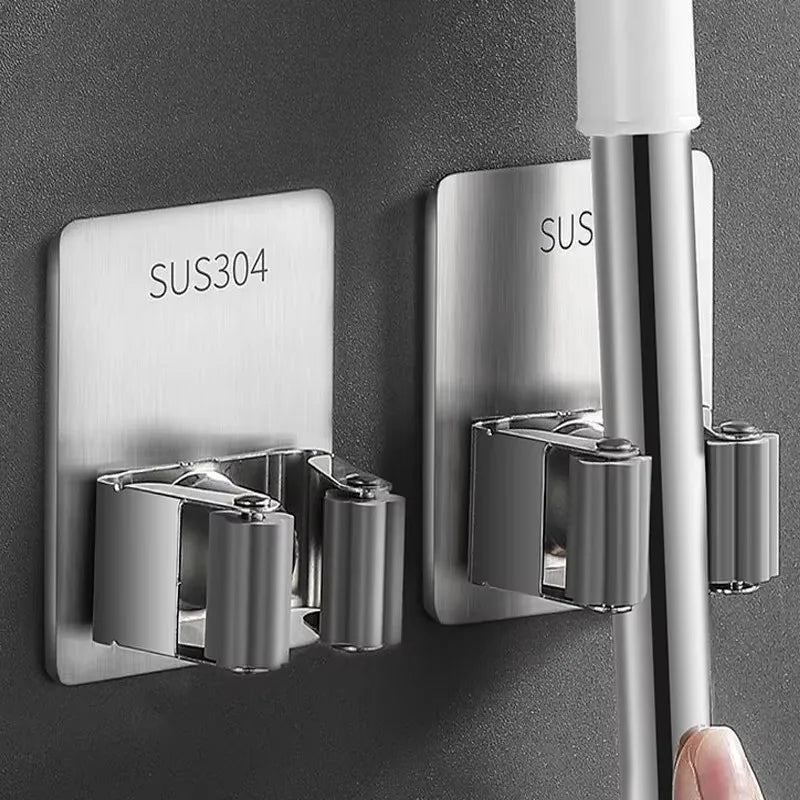 304 Stainless Steel Mop Clip Holder Bathroom Punch-free Mop Broom Brush Hanging Rack Strong Sticky Hook Wall Organizer Shelf