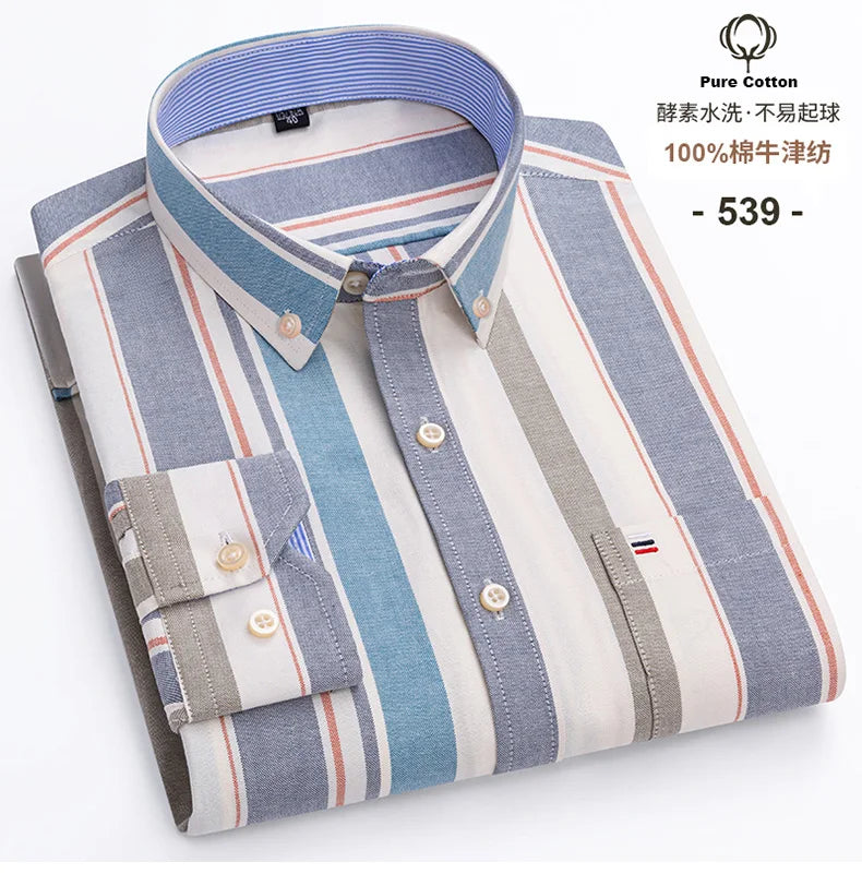 Men's 100% Cotton Smart Casual Shirt Long Sleeve Plaid Oxford Casual Solid Color Print Regular Fit Dress Shirt Oversized  6XL