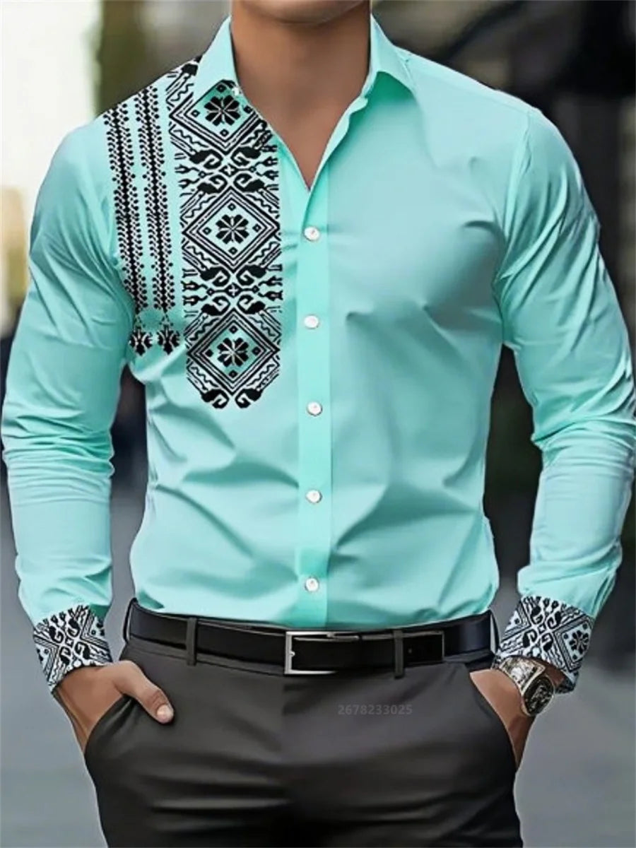 Men's shirt 3D printing retro ethnic style long-sleeved casual shirt high quality fashion lapel versatile top xs-6XL size