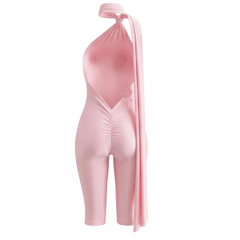 Women Fashion Overalls Playsuits Beach Vacation Clubwear Sexy Backless Ruched Halter Neck Tie Solid Slim Fit Capris Jumpsuit