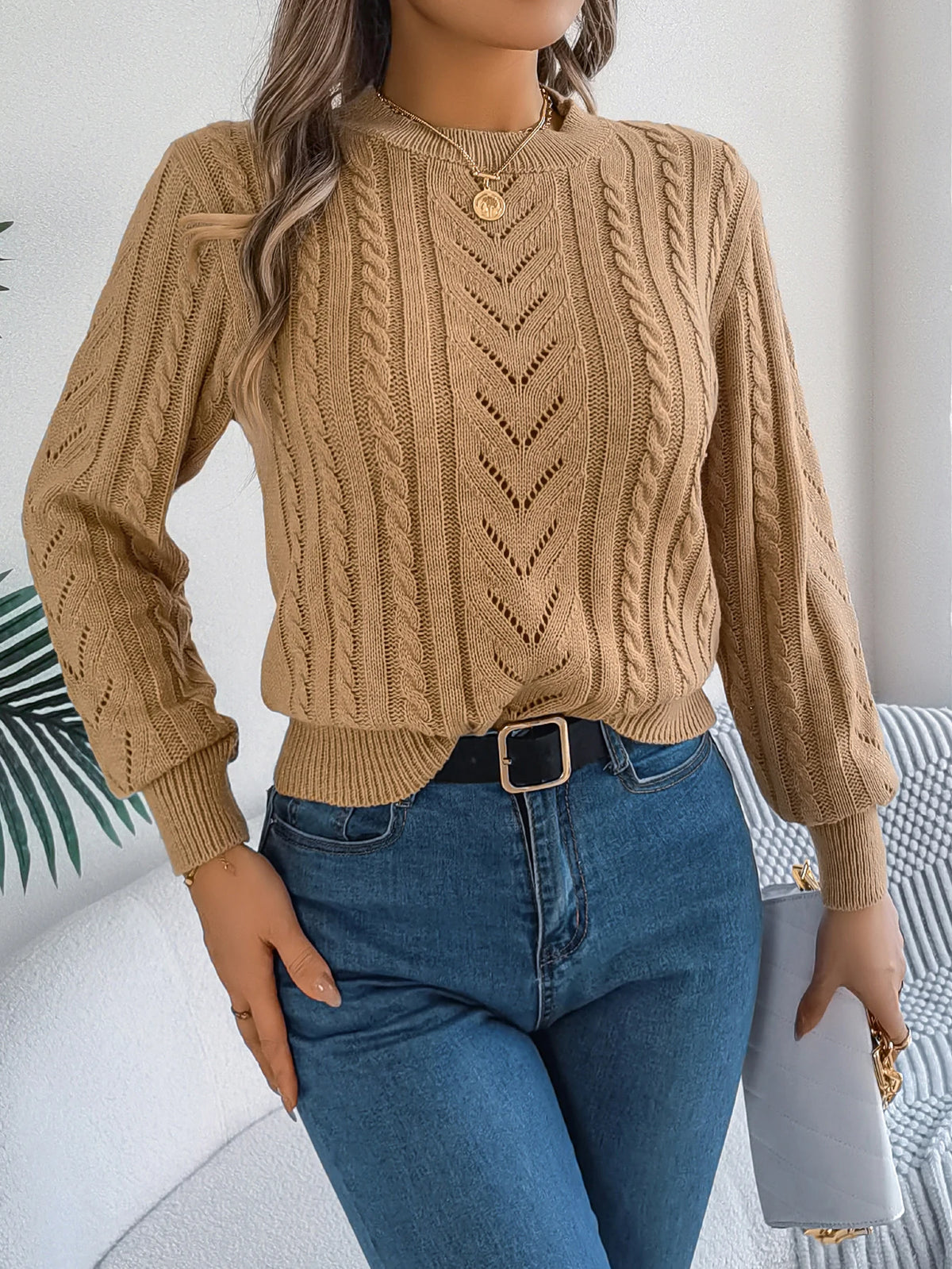 Women Solid Openwork Knit Pullover Round Neck Long Sleeve Cozy Fall Winter Resort Ready Sweater Top