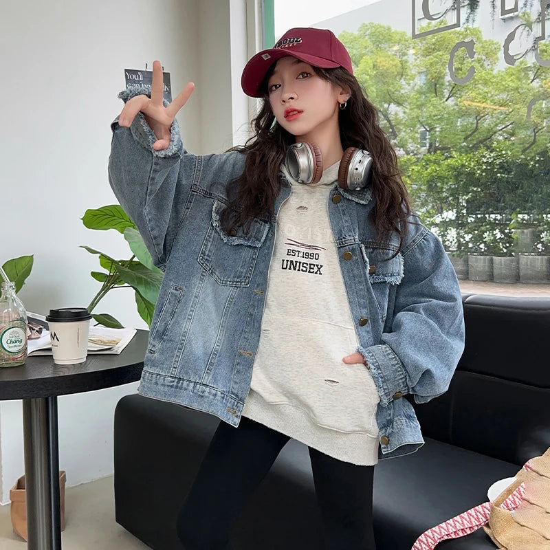 Girls Denim Jacket Spring Autumn 2026 New Style Casual Versatile Loose Button Down Jean Coat Fashion Children's Clothing