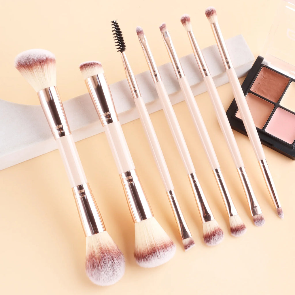 7 double-ended makeup brushes, loose powder brush, foundation brush, eyeshadow brush, eyebrow brush, soft hair beauty tool.