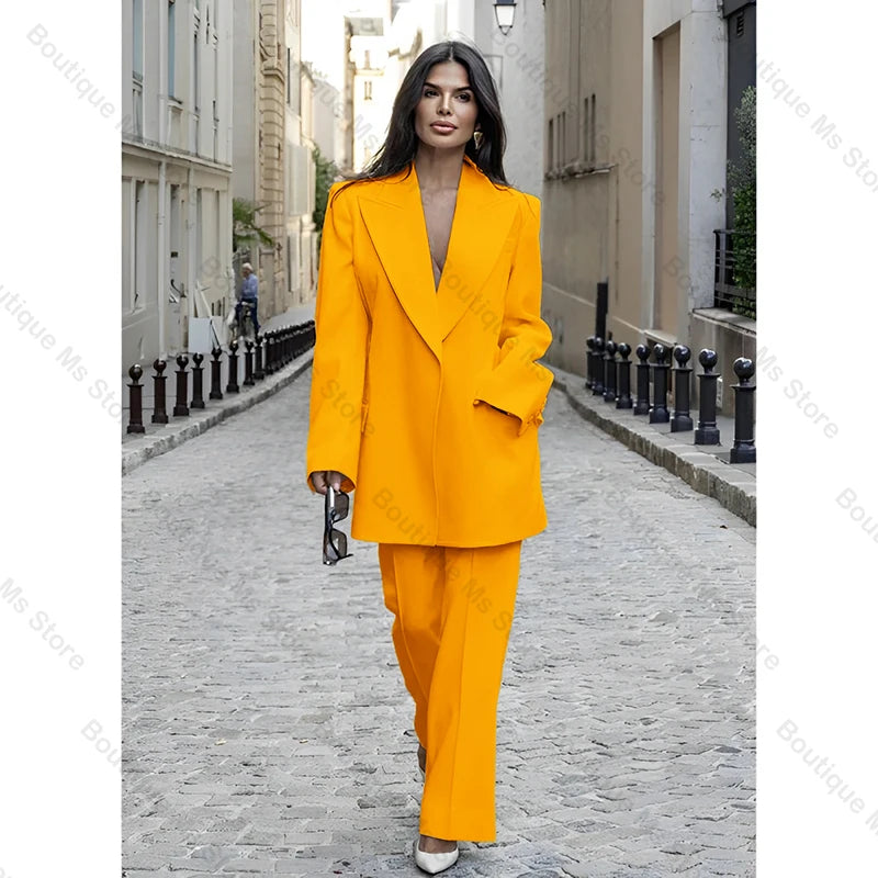 Chic Loose White Single Breasted Women Pants Set New Female Two Pieces(Blazer+Trousers) conjuntos femininos elegantes