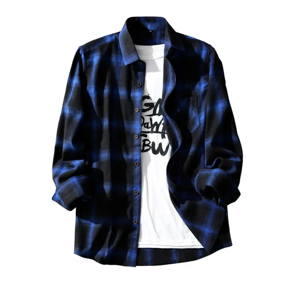 Check Shirts Men Plaid Shirt Coat Lapel Single-breasted Autumn Shirt Jacket Oversized Shirts Chic Male Casual Long Sleeves Shirt