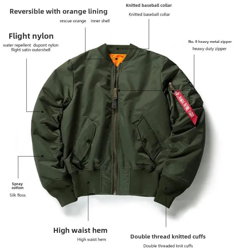 American Style Thickened Baseball Uniform Autumn Winter Army Green MA-1 Bomber Jacket Plus Size Stand Collar Work Jacket For Men
