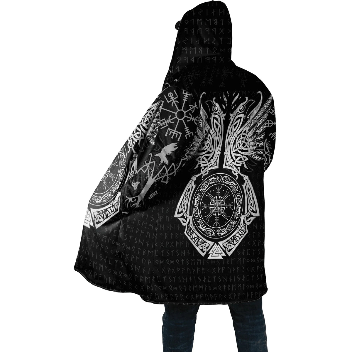 Winter Fashion Mens cloak Norse Odin Raven Tattoo 3D Printed Thick Fleece Hooded Coat Unisex Casual Warm Cape coat DP23
