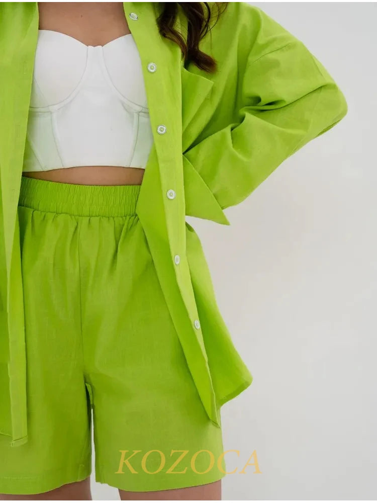 Summer Two Piece Set Women Shorts Suit Green Lapel Long Sleeve Shirts Sets Female Elegant Casual High Waist Pants Lady Outfits