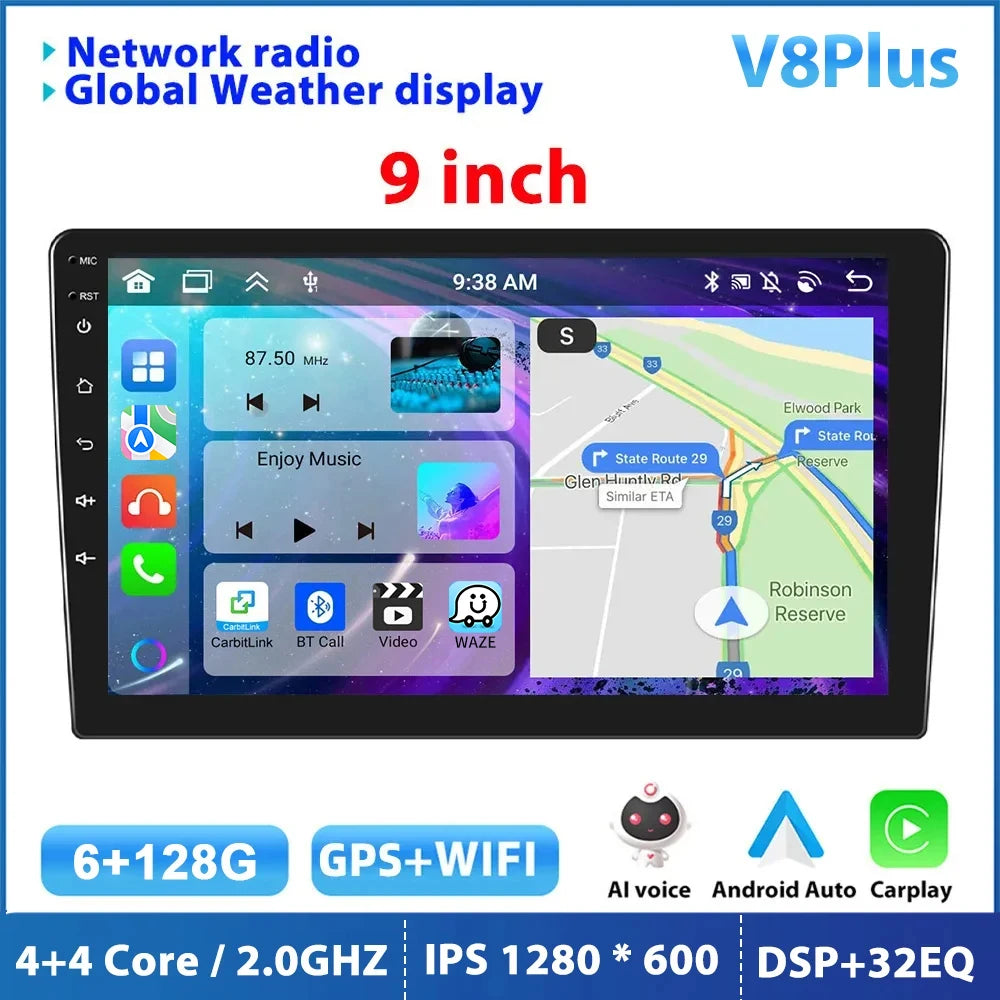 Podofo Android 12 Car Radio Androidauto Carplay 2 Din GPS Car Audio 7"/9"/10" WIFI BT Automotive Multimedia Player For VW Ford