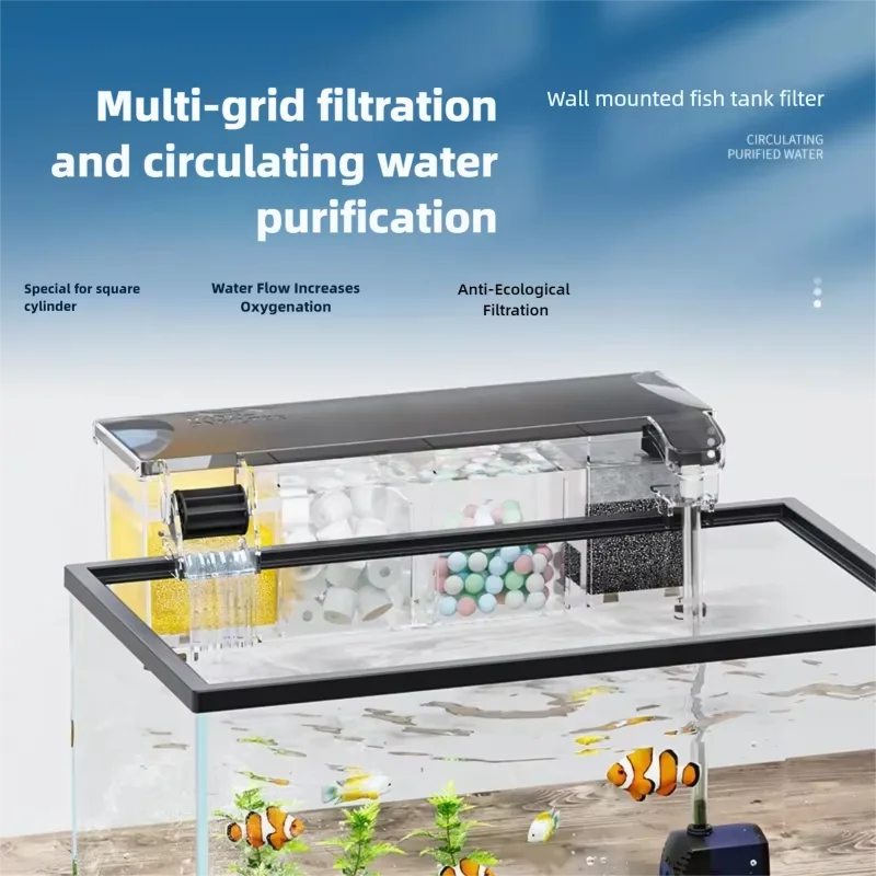 Fish Tank Filter 3 in 1 Water Purification Circulation Pump Aquarium Wall Mounted Filter Box Small Pump Silent Aeration