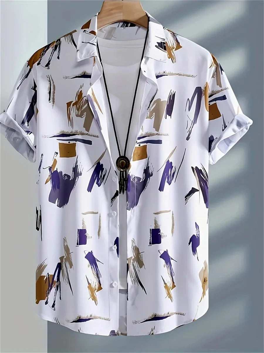 Men's Short-Sleeve Casual Loose-Fitting Lapel Hawaiian Shirt with Blue and White Porcelain Floral Print, New Summer Shirt