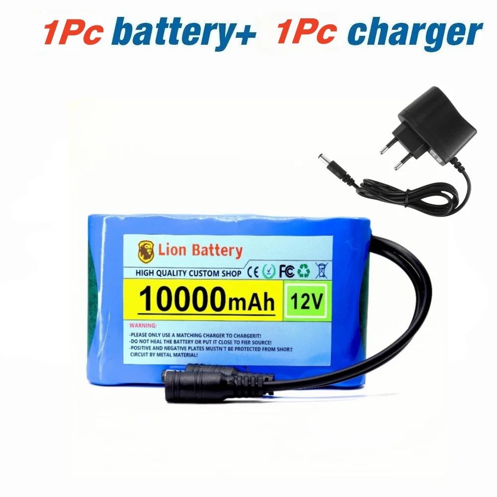 Original New Portable 12V Battery,10000mAh Rechargeable Lithium-ion 18650 Battery Pack, DC 12.6V Charger, CCTV Audio Amplifier