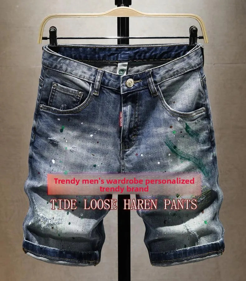 Washed Ripped Denim Men's Trendy Brand Spray Paint Medium Summer Thin Elastic Patch Bermuda Short Pants Men's Jeans Shorts