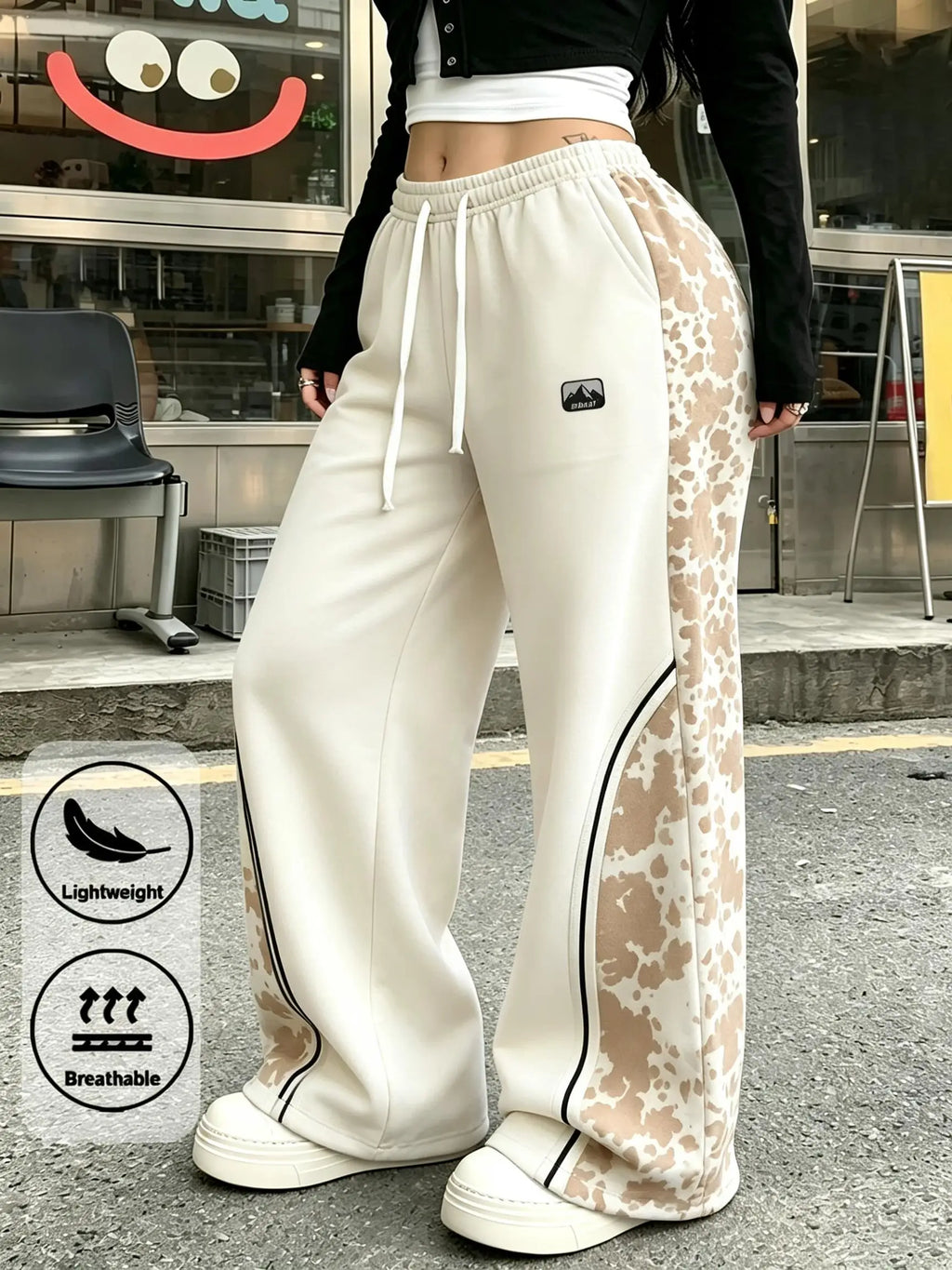 Women Leopard Spliced Wide Leg Sweatpants Drawstring Elastic Waist Casual Street Trousers