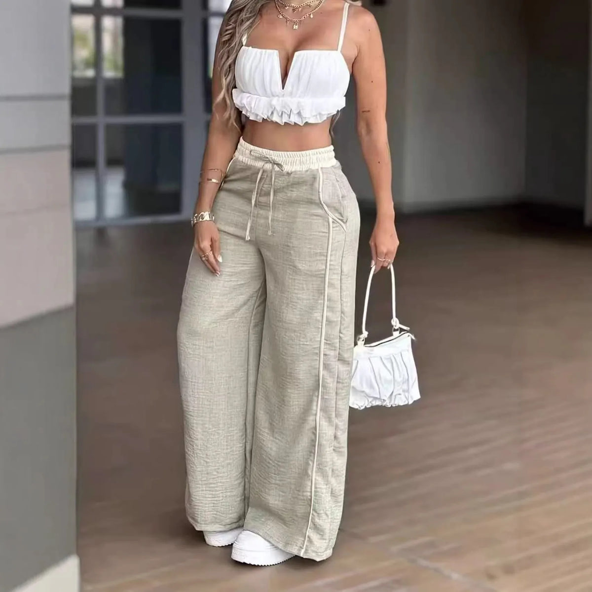 Women Pants High Waist Full Length Trousers Light Beige Wide Leg Pants Black Ruffle Trim Loose Fit Pants Women's Crop Top