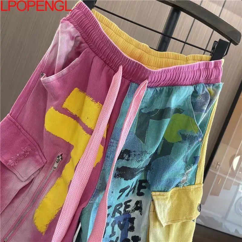 Personality Hip Hop Patchwork Pockets Jeans Women's Spring And Summer New Drawstring Ripped Streetwear Straight Leg Harem Pants