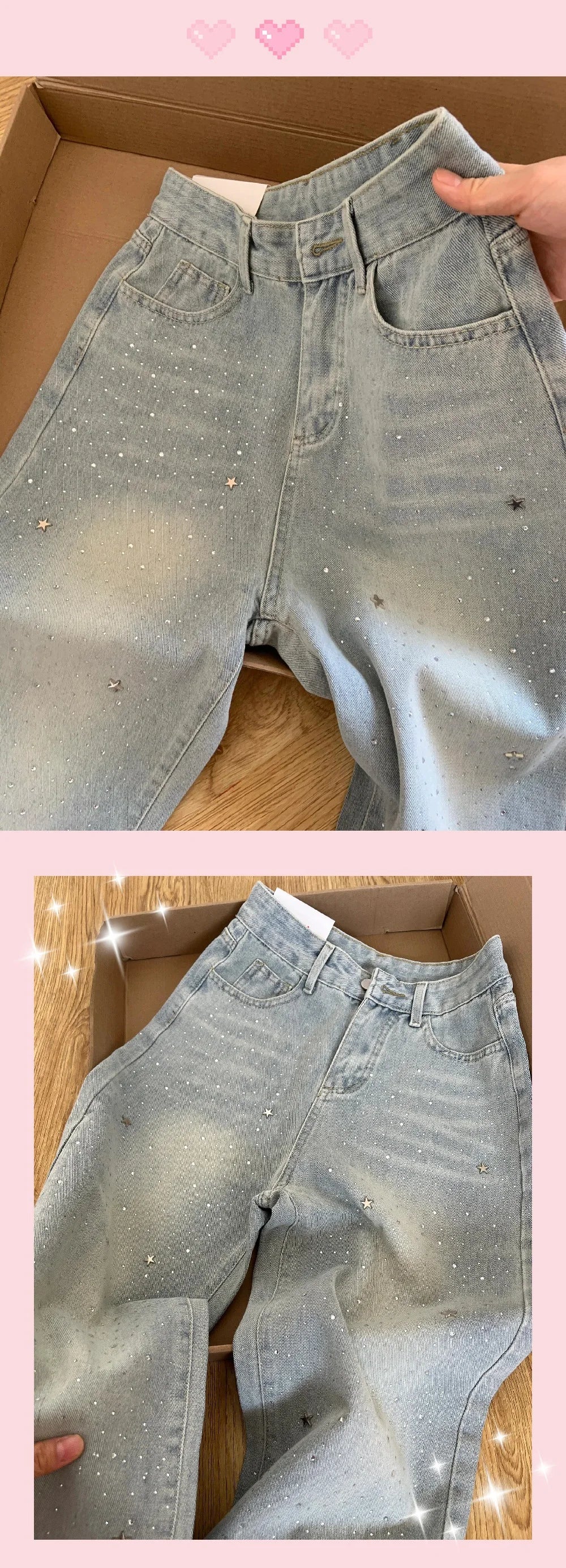 Women's 2025 Autumn New Light Blue Hot-Selling Rhinestone Straight Jeans High Waist Wash Jeans Loose Slimming Wide Leg Trousers