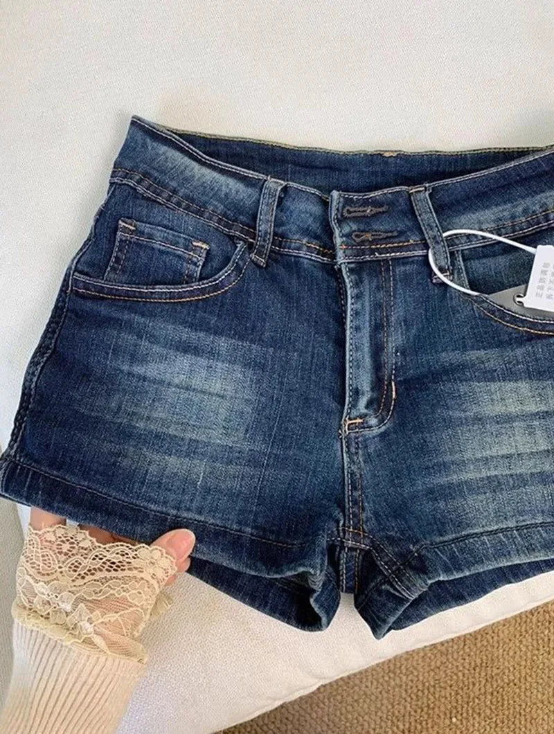 Retro Roll Up Hem Deep Blue Denim Shorts Women Summer Sexy Low Rise Hip Covering Hot Pants American Distressed Washed Jean Short