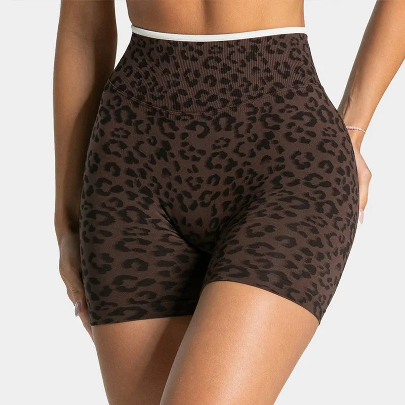 Women High Waist Leopard Print Yoga Shorts Tummy Control Butt Lifting Sports Shorts OuterWear Running Fitness Workout Yoga short