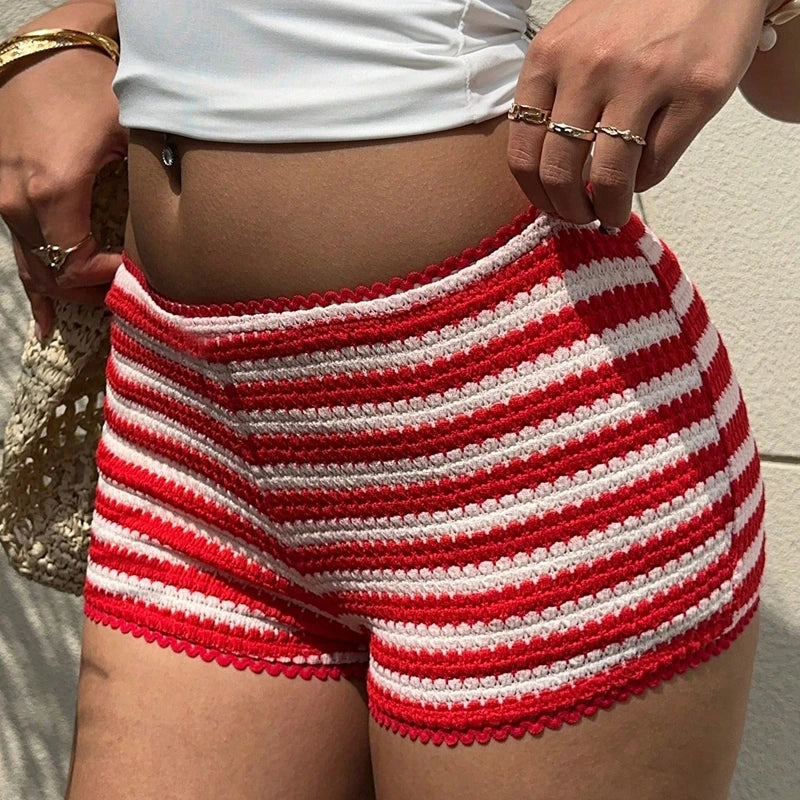 Women Y2k Striped Knitted Shorts Coquette Low Rise Stretchy Going Out Crochet Mini Shorts for Summer Beach Vacation Micro Short