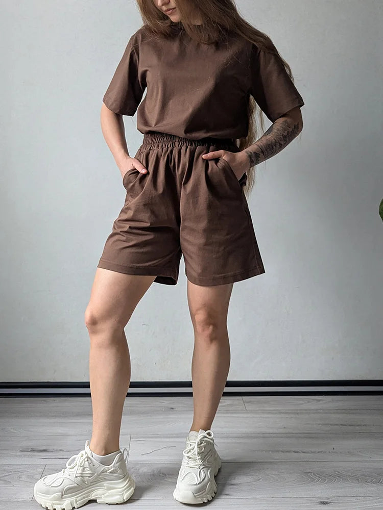 Summer 2 Piece Shorts Set Woman Cotton Brown Oversized T Shirts And Shorts Two Pieces Outfits For Women White Short Sets Pink