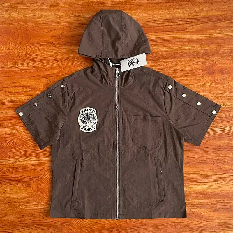 ST VANITY Embroidered Casual Sports Trench Coat with Hooded Short Sleeves