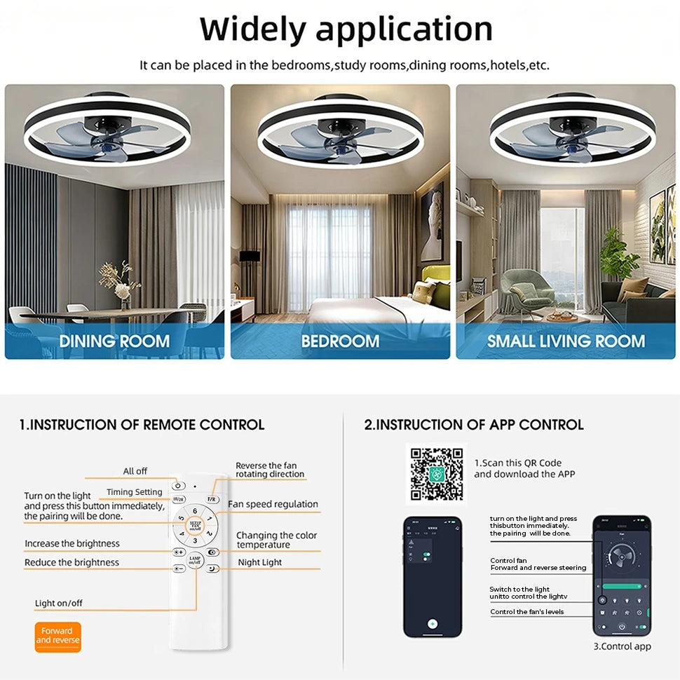 IRALAN Ceiling Fans with Remote Control and Light Suitable for Indoor Study White and Black Lighting Smart Electric Fan