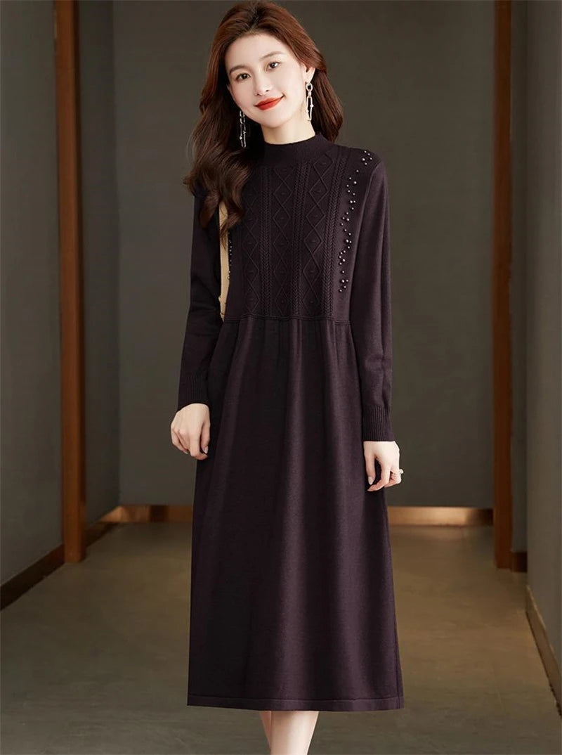 New Knitting Vestidos Women's 2024 Spring Autumn Mid Length Version Ladies Sweater Dress Temperament Lady Bottoming Skirt