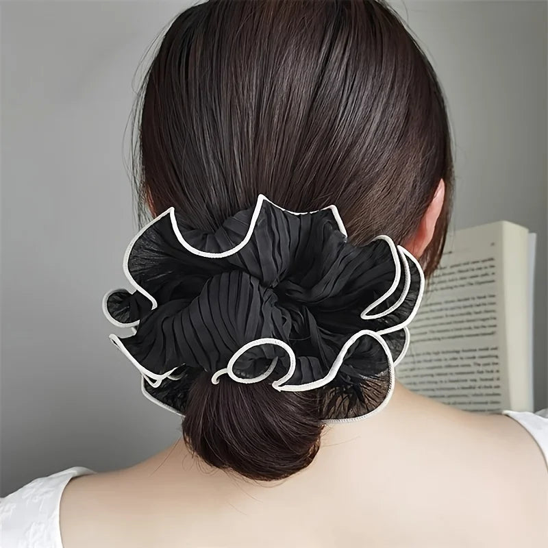 Elegant Tassel Design Fabric Hair Ties - Solid Color Chiffon Scrunchies, Pleated Hair Bands for Women'S Bun