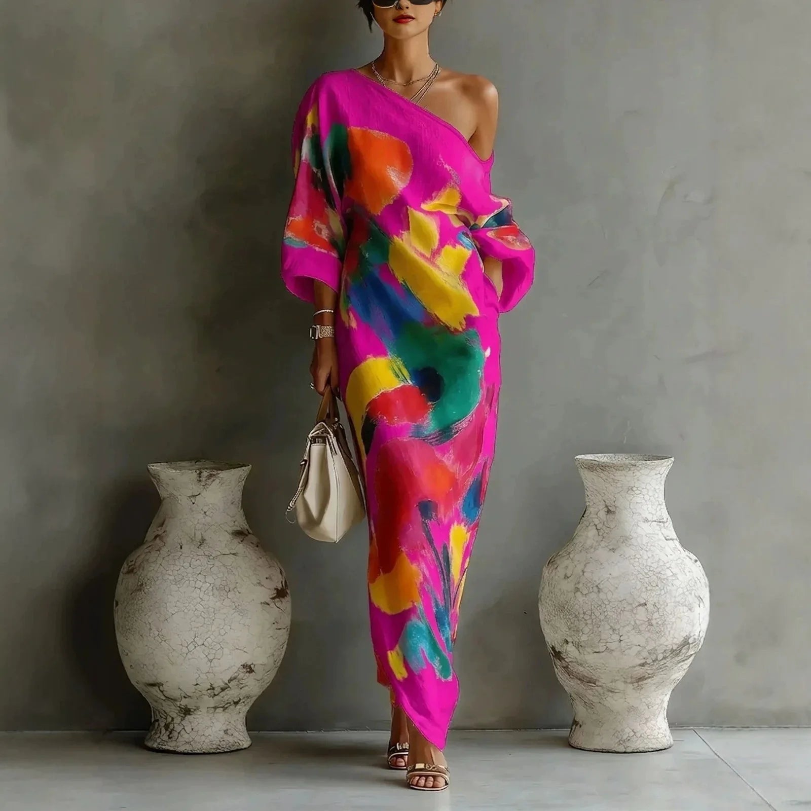 Abstract Brush Print One Shoulder Maxi Dress 3/4 Sleeve Loose Fit Casual Kaftan with Pockets, Bohemian Art Print Dress for Women