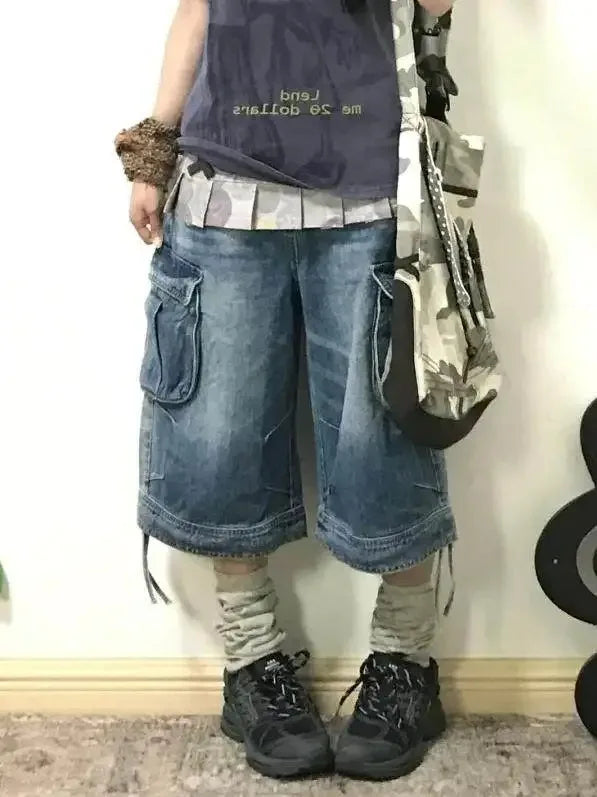 Summer Women American Retro Cargo Jorts Boyfriend Jean Shorts Y2K 2000s Denim Calf-Length Pants Japanese Harajuku High Street