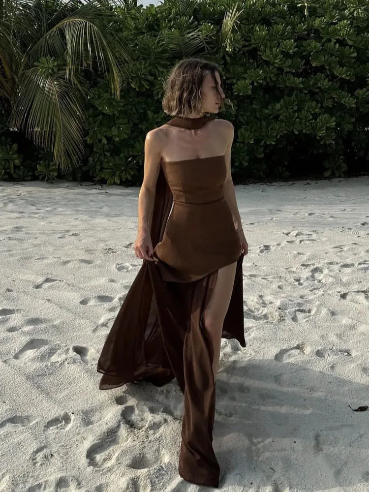 FSMG Elegant Solid Strapless Ribbon Long Dress Fashion Slash Neck Sleeveless Backless Robes Lady Spring Summer Evening Dresses