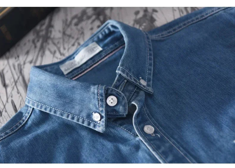 100% Cotton Autumn New Long-sleeved Denim Shirt Men Fashion Casual High Street Male Clothes Top Classic Light Blue Black Gray